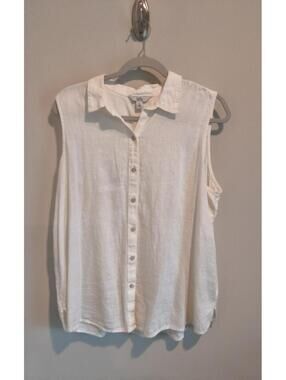 White Linen Blend Sleeveless Button-Front Collared Top